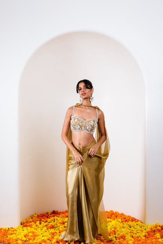 Sarah rouched skirt set with drape dupatta